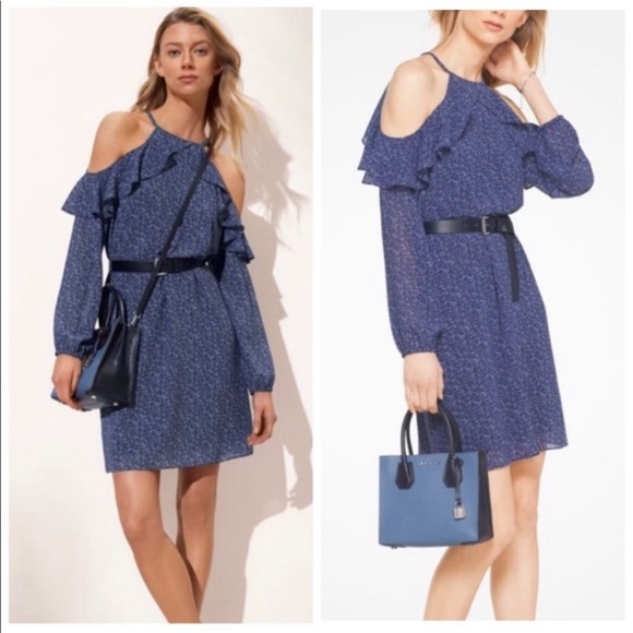 Michael Kors Blue Floral Print Ruffle Trim Cold Shoulder Poly Chiffon Dress - Picture 8 of 8